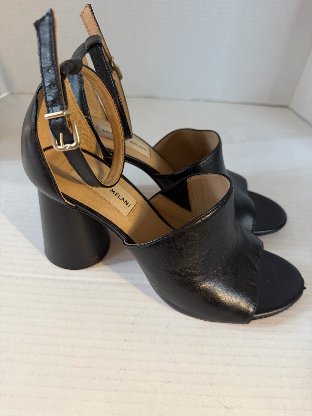 ANTONIO MELANI Black Leather Peep-Toe Block Heel Sandals 7